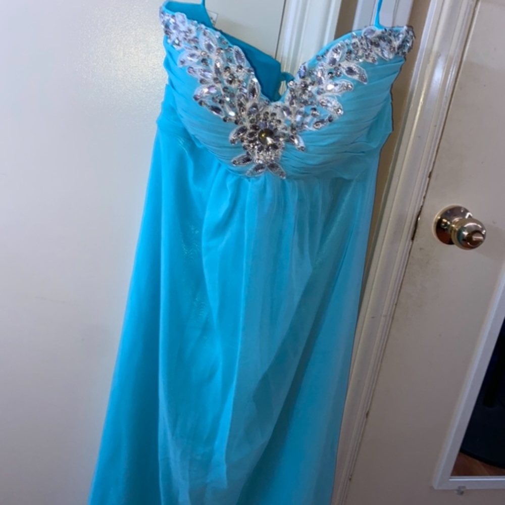 Turquoise strapless prom dress, long/medium length, only worn when trying it on.